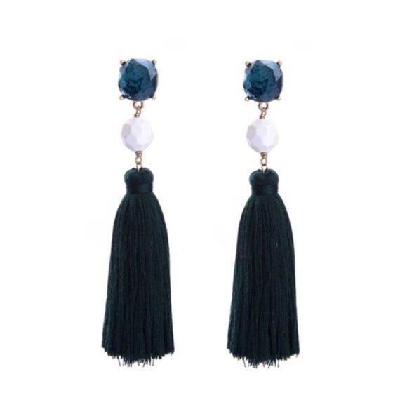 Blue White Rhinestone Tassel Fringe Vintage Gold Dangle Statement Earrings - Picture 1 of 8